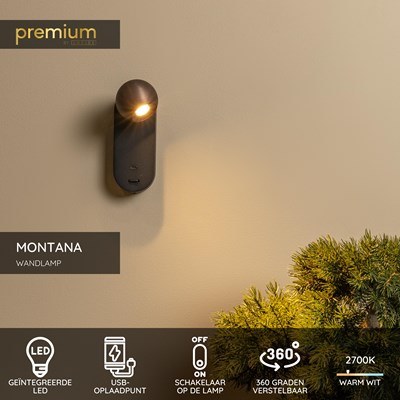 Lucide MONTANA - Wandlamp - LED - CCT - 1x6,3W 2700K/4000K - Met USB oplaadpunt - Koffie | Premium